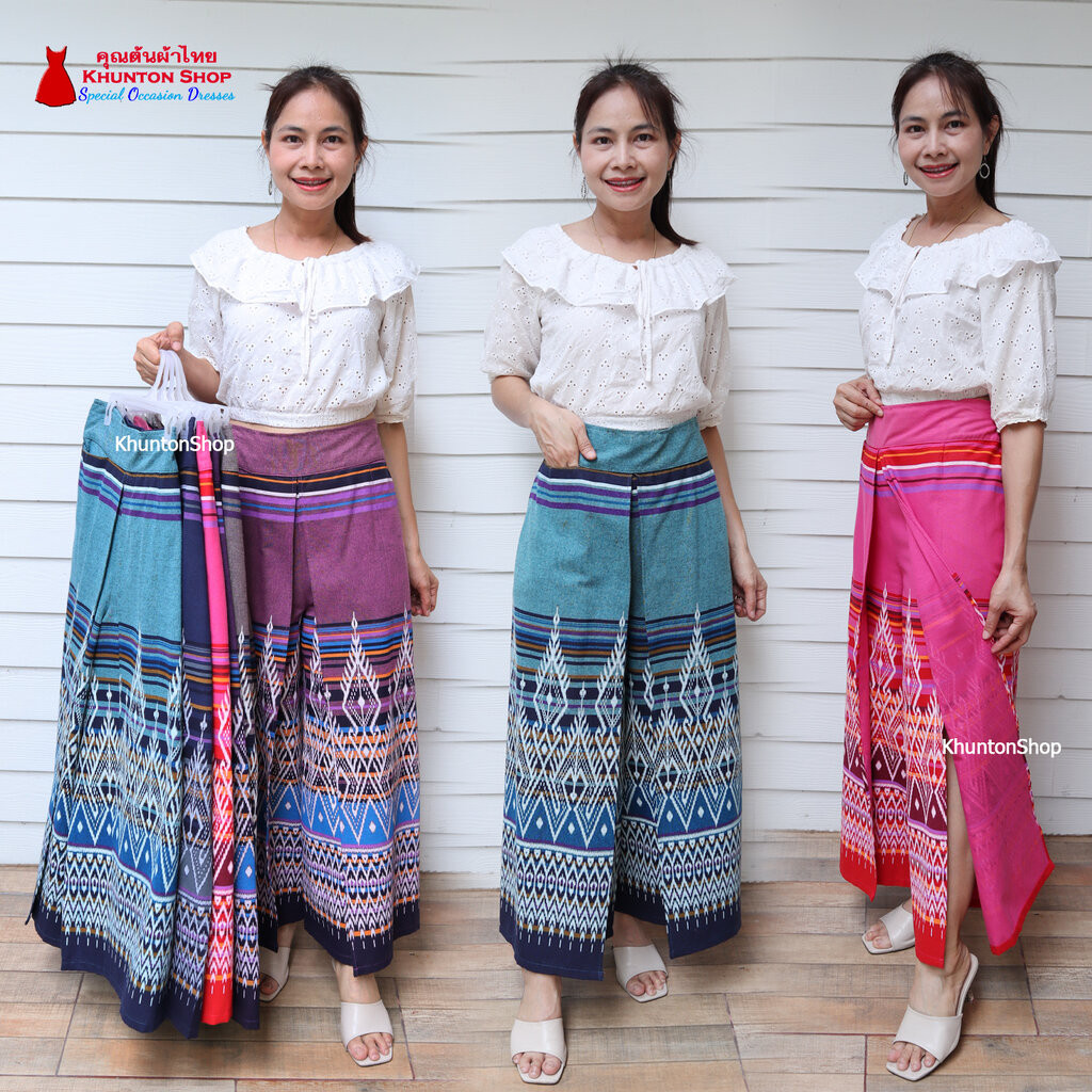 11E-02 กางเกงผ้าไทย ทรงแพนเค้ก เอว28-46 นิ้ว กางเกงผ้าฝ้ายพิมพ์ลาย กางเกงแพนเค้ก มีกระเป๋าซ่อน