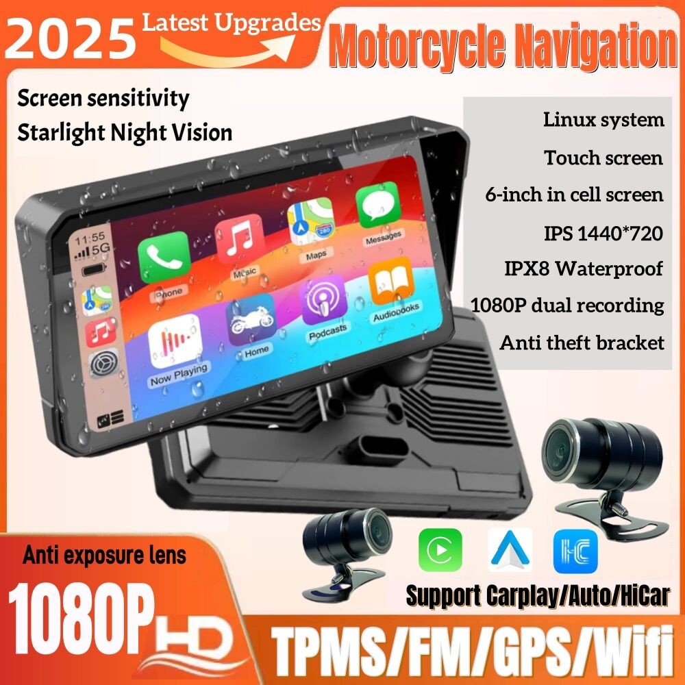 6 นิ้วรถจักรยานยนต์นําทาง 1440*720P ในเซลล์หน้าจอ IPX8 กันน้ําไร้สาย CarPlay Android อัตโนมัติบลูทูธ