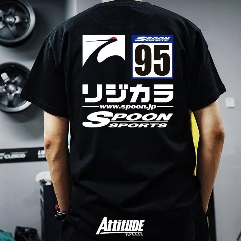 เสื้อยืดสไตล์วัฒนธรรมรถ สีดำ SPOON SPORTS No. 95 พิมพ์ลายแบบญี่ปุ่น JDM ผ้าฝ้ายแท้ สำหรับคนชอบรถ