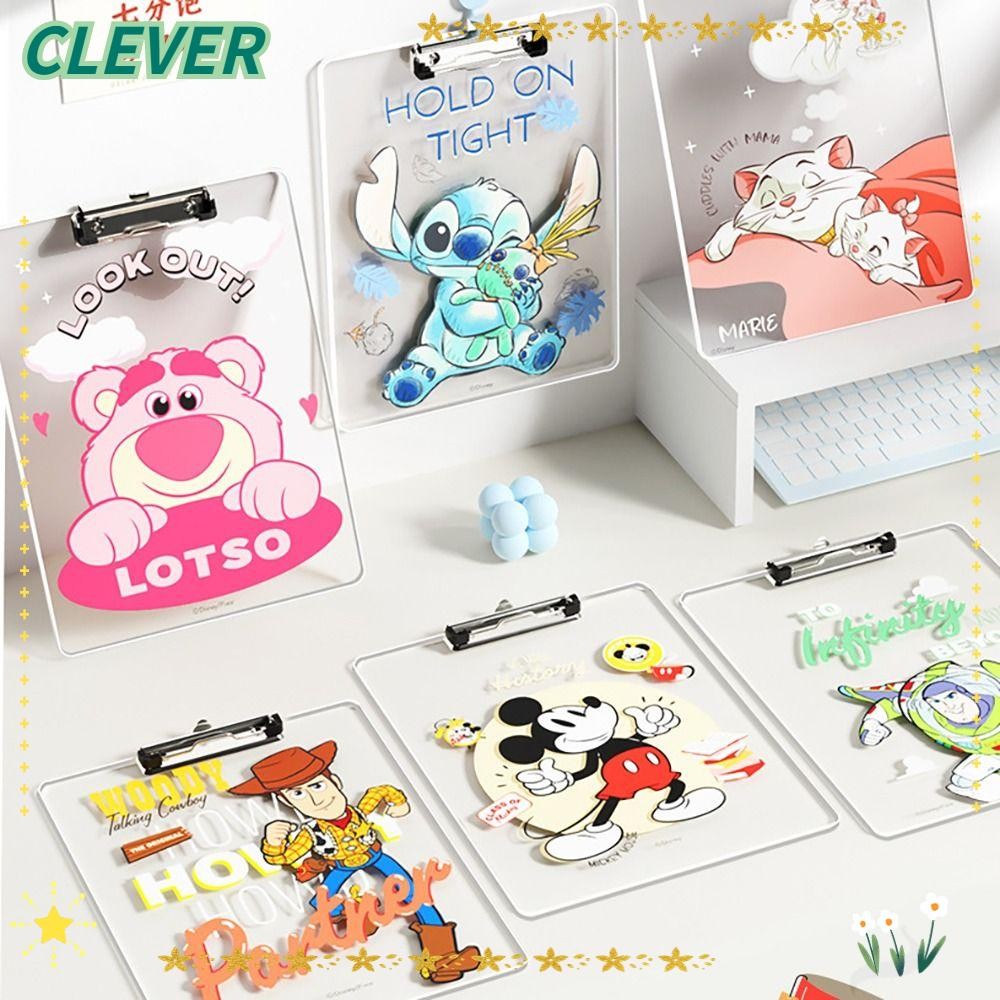 CLEVER คลิปบอร์ด Stitch/Mickey/Lotso/Woody โฟลเดอร์แฟ้ม A4 โปร่งใส, กระดานโฟลเดอร์เขียนอะคริลิคคุณภาพสูงนักเรียน