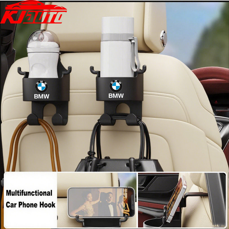 1/2pcs BMW Car Seat Headrest Hook Hanger Storage Organizer Universal พร้อมที่วางแก้วสําหรับกระเป๋าถื