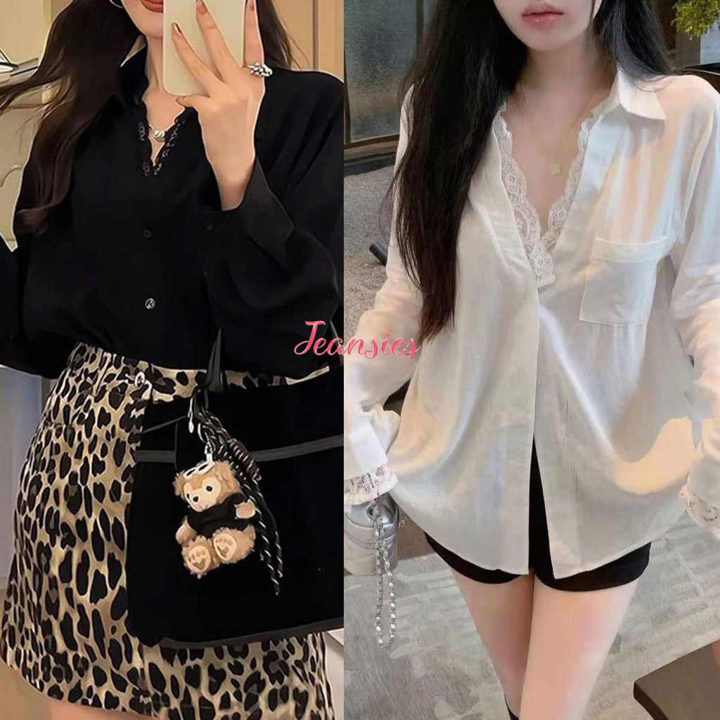 เสื้อเชิ้ตผู้หญิง คอวี แขนยาว ลายลูกไม้