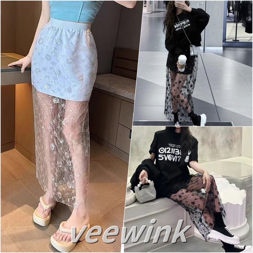 Veewink กระโปรงยาวสตรี ลายดอกไม้ ผ้าโปร่งแสง ตกแต่งเลื่อม ใส่ได้หลายโอกาส สไตล์ไม่เหมือนใคร