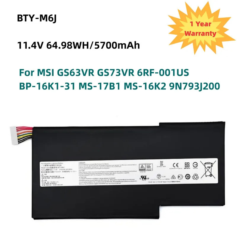 11.4V 5700mAh/64.98WH BTY-M6J Laptop Battery For MSI GS63VR GS73VR 6RF-001US BP-16K1-31 MS-17B1 MS-1