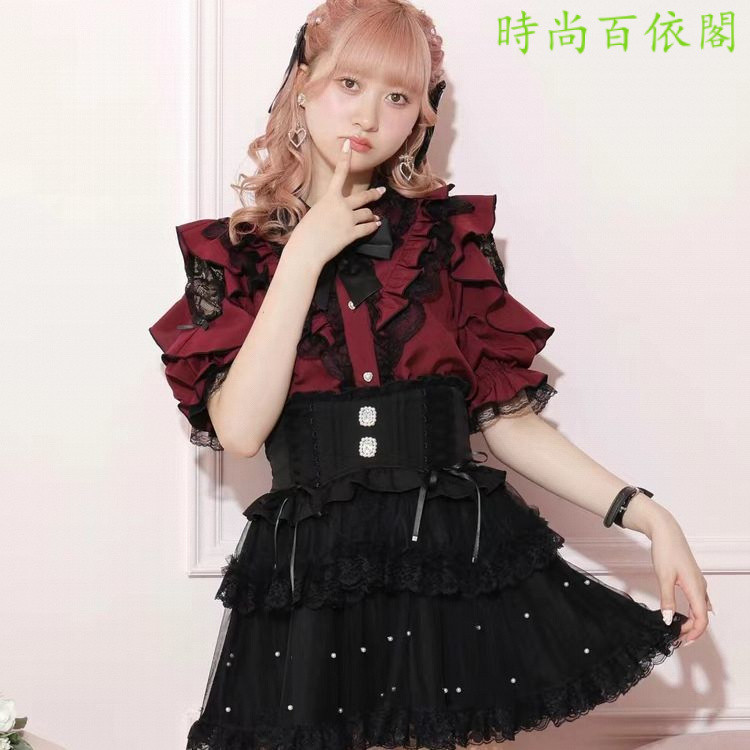 ญี่ปุ่น Original Order noemi * Ruffled Bow Strapless ลูกไม้กลางแขนเสื้อหวานผู้หญิง Lolita เสื้อผู้หญิงออกเดทเสื้อผู้หญิง