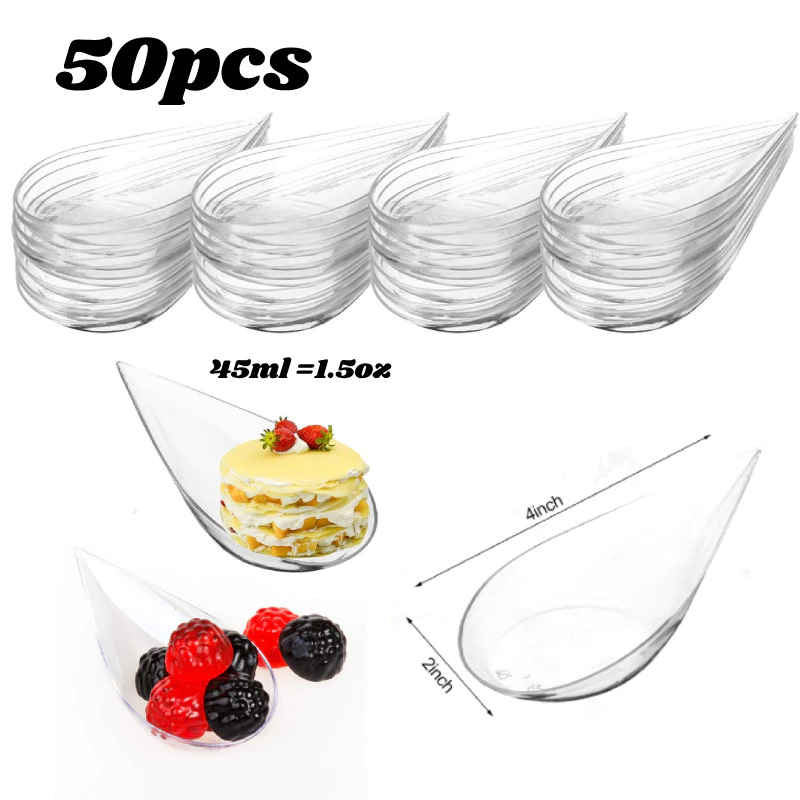 50ชิ้น ช้อนพลาสติกใสแบบใช้ครั้งเดียวสำหรับขนมหวานและของหวาน ช้อนขนมหวาน ช้อนหยดน้ำ
