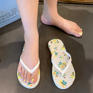 🍓EnJoy🍓พร้อมส่ง (LT-1835) รองเท้าแตะหูหนีบ ลายดอกไม้ พื้นแบน แฟชั่นสำหรับใส่ชายหาด