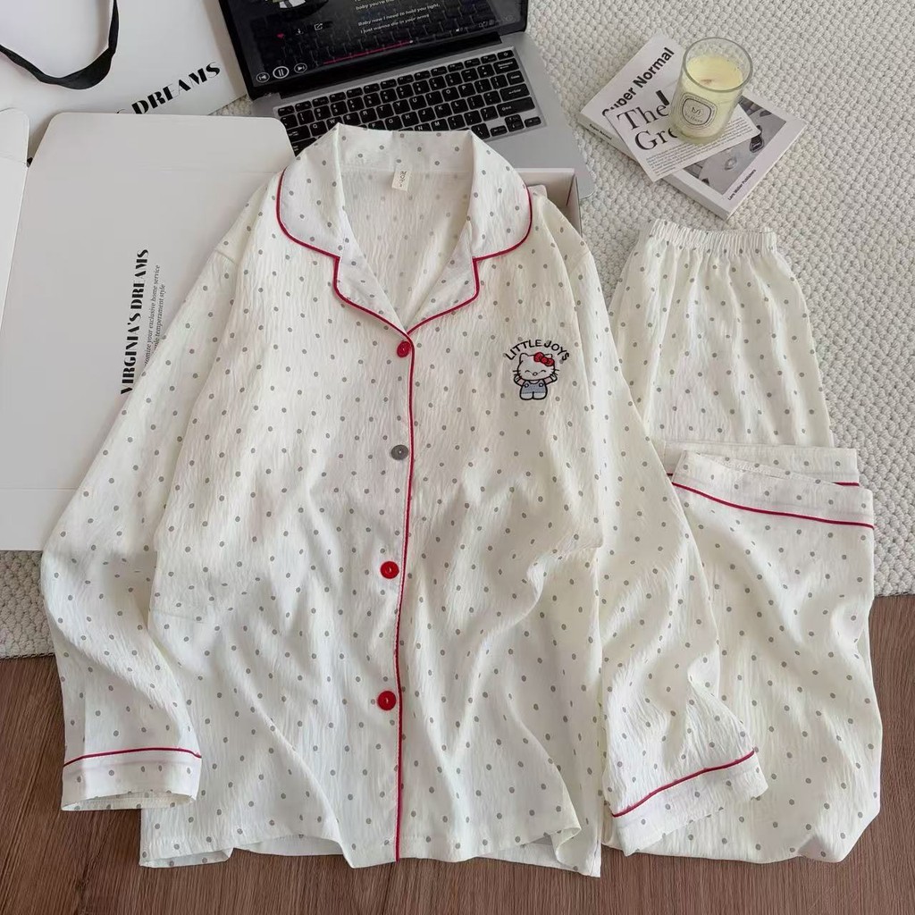 ชุดนอนผ้าฝ้ายผู้หญิงสไตล์ใหม่ Polka Dot KT Cat กางเกงขายาวแขนยาว น่ารักสำหรับใส่นอนหรือวันหยุด