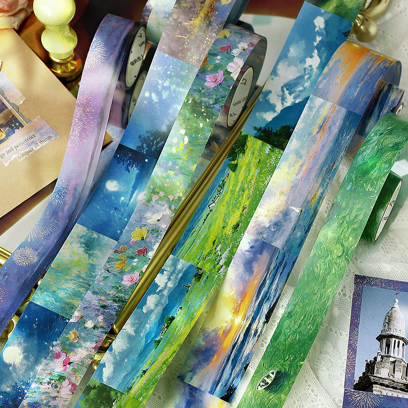 ภูมิทัศน์ Washi เทปภาพวาดสีน้ํามันสไตล์ทิวทัศน์ธรรมชาติวาดกระดาษกาวตกแต่งเทปสําหรับศิลปะ DIY งานฝีมือวารสารวางแผนสมุดภาพห่อ