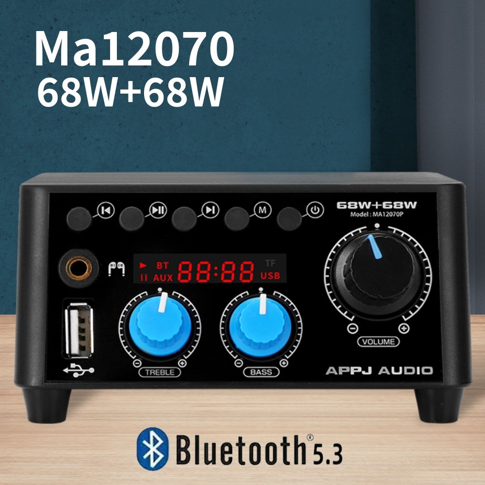 Ma12070 Mini Digital Power Amplifier HiFi สเตอริโอ 2.0 บลูทูธ 5.3 68W + 68W Home Audio Bass Treble ปรับ PC USB