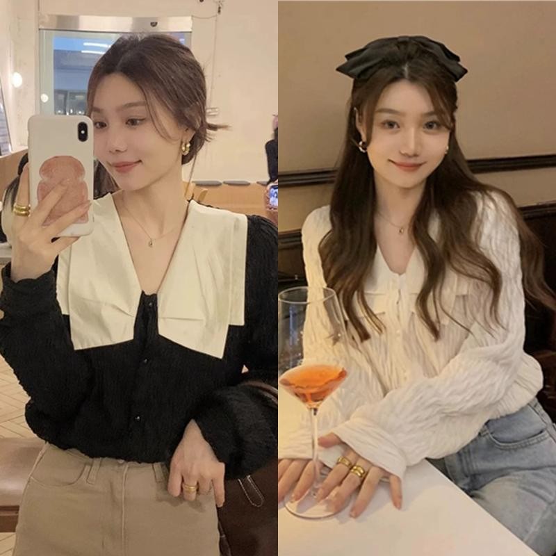 poppy#เสื้อผู้หญิงแขนยาว คอปกปีเตอร์แพน สไตล์ฝรั่งเศส คอกลม มีหลายสีให้เลือก#99078