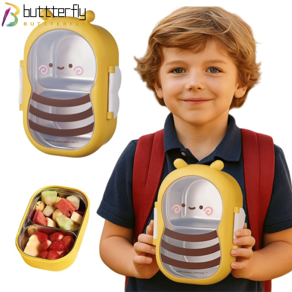 BUTTTERFLY กล่องผลไม้, แยกกริดเกรดอาหารกล่องอาหารกลางวันเด็ก, สนุก 304 สแตนเลส Bee Shape ชามข้าวแบบพกพาเด็กอาหาร