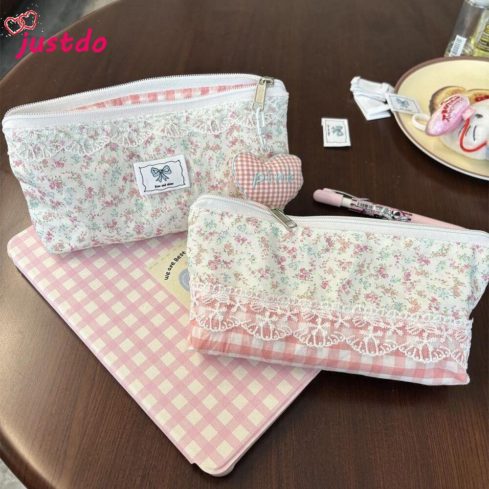 JUSTODO กระเป๋าใส่ปากกา, ดินสอความจุขนาดใหญ่มัลติฟังก์ชั่น, ที่จัดระเบียบเครื่องเขียนดีไซน์ดอกไม้ลูกไม้