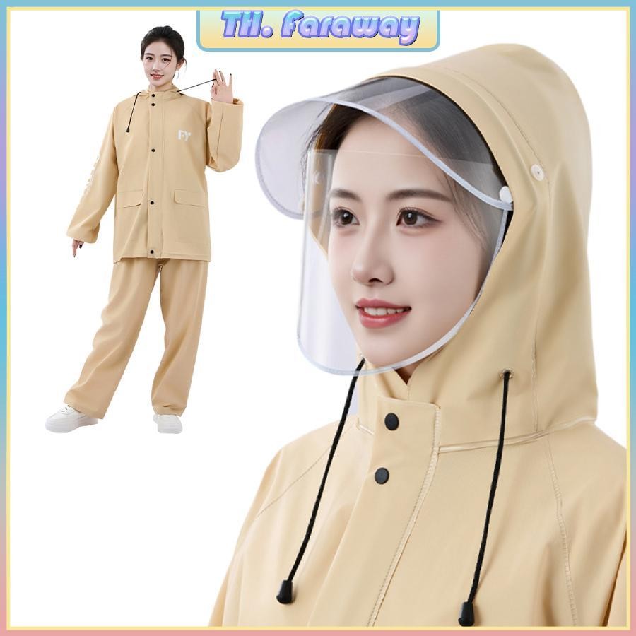 ชุดกันฝนพร้อมฮู้ดและกางเกงน้ำหนักเบา สวมใส่ได้หลายครั้ง เหมาะสำหรับกีฬากลางแจ้ง