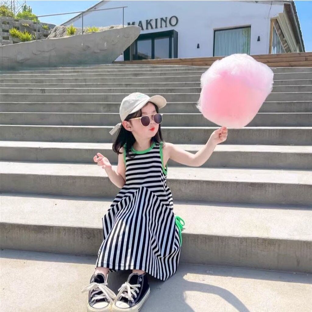 LLD-08 เดรสสาวน้อยลายทาง แขนกุดกุ๊นสีเขียวเหนี่ยวทรัพย์ ดีไซน์เก๋ เท่มาก (Size 80-130)