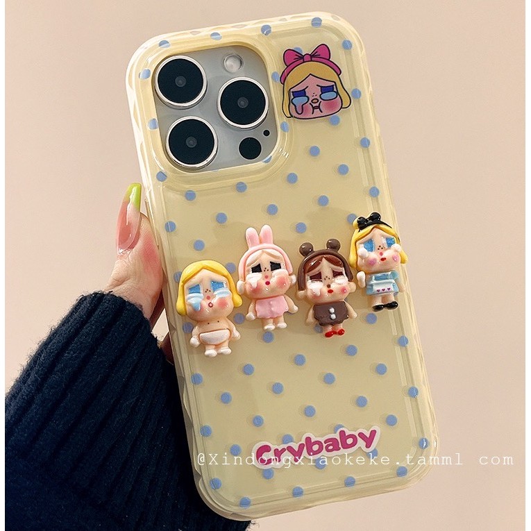 น่ารักสองชั้นสีทึบคลื่นจุดสเตอริโอร้องไห้เคสโทรศัพท์ทารกเหมาะสําหรับ ไอโฟน16 15 14 13 12 มือโปร สูงสุด กันกระแทกป้องกันกล้องป้องกันการตกฮาร์ดปกหลัง