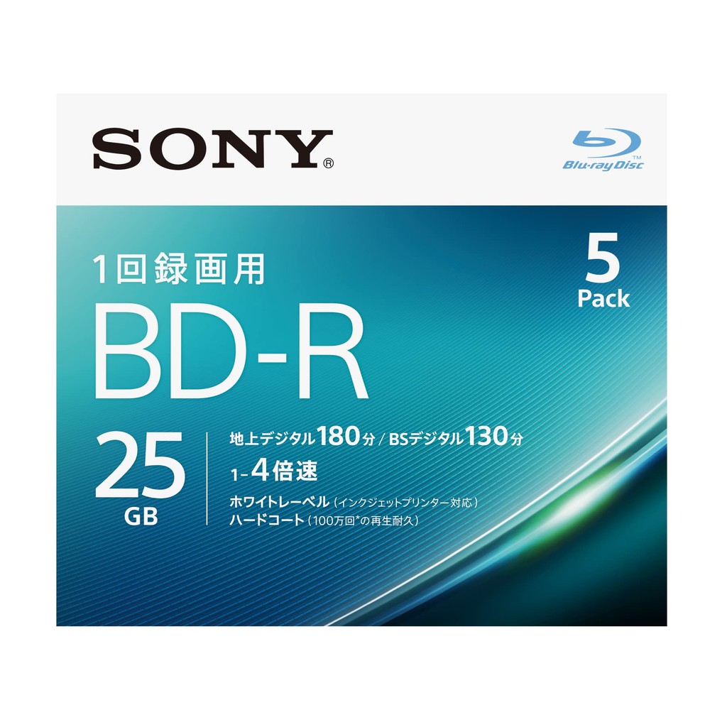 Sony Blu-ray Disc BD-R 25GB (1 disc for about 3 hours of digital broadcasting) 5-pack for one-time r