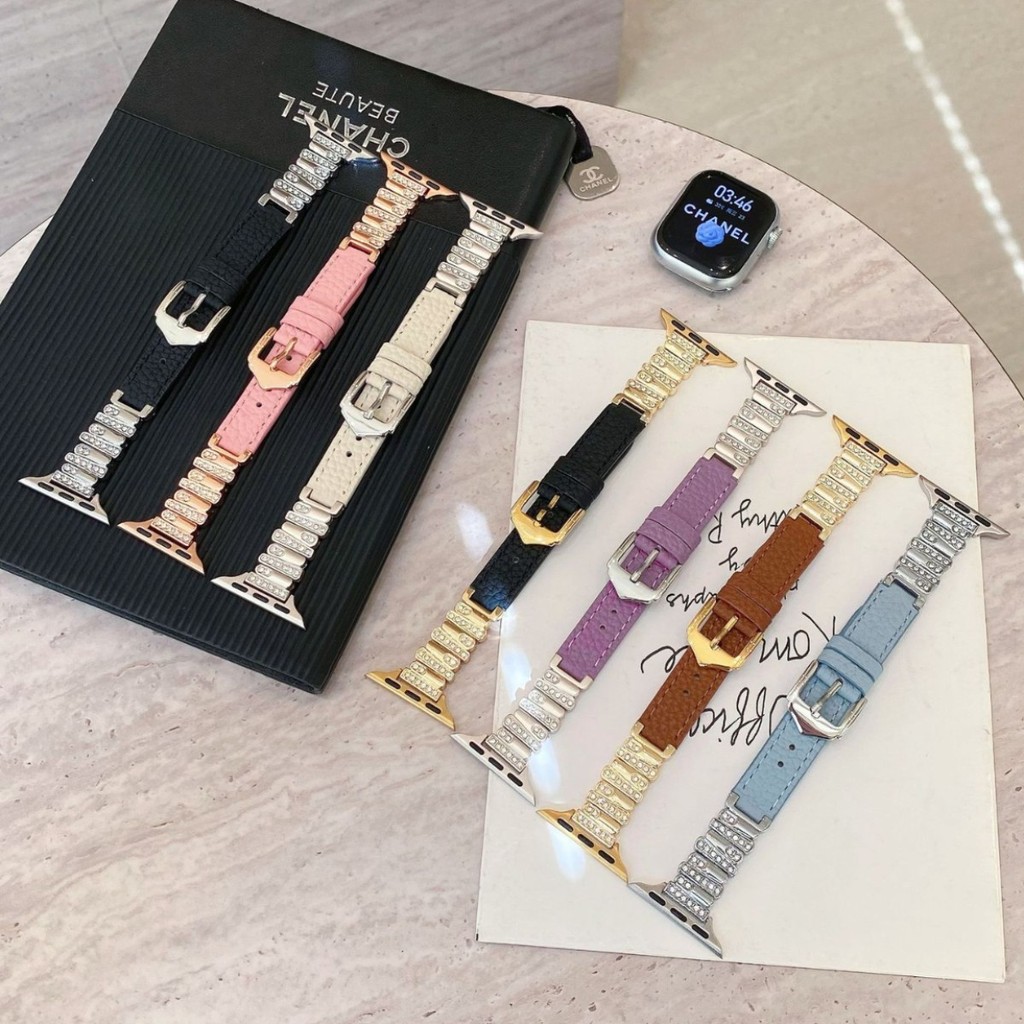 不规则镶钻拼皮表带适用于苹果iwatch456789S10手表腕带apple表带