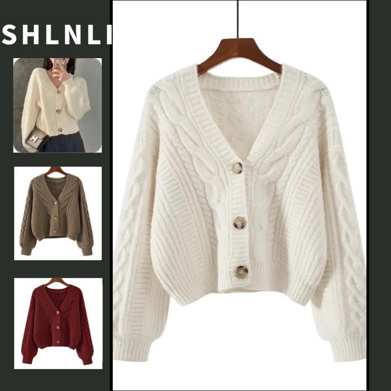 เสื้อถักสั้นสีทึบสไตล์ฝรั่งเศสสำหรับผู้หญิง ออกแบบมาเป็นเสื้อโค้ตคล้องอกคอวีกระดุมแถวเดียว สไตล์เรียบง่ายเหมาะสำหรับฤดูใบไม้ผลิและฤดูใบไม้ร่วง