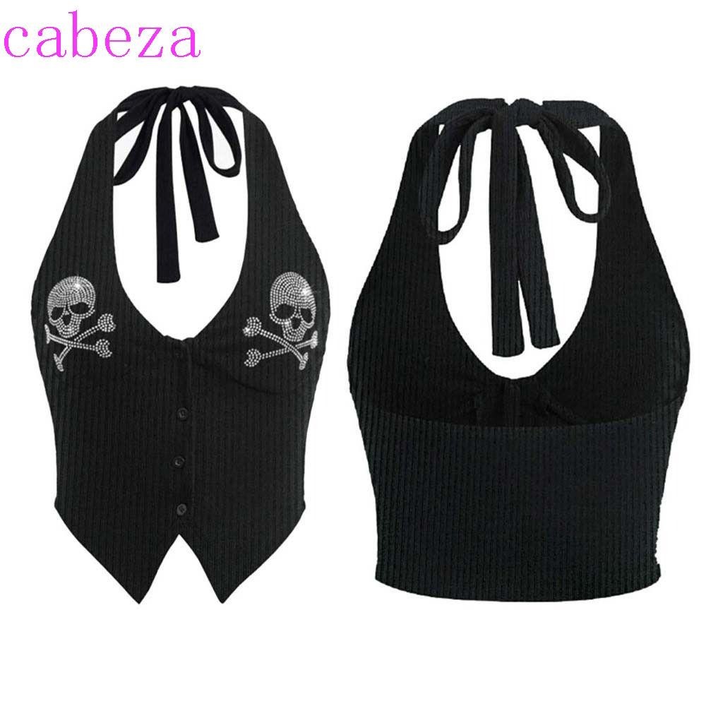 Cabeza คอแขวนเสื้อแขนกุด, Rhinestone Skull Lace Up Y2k Gothic สไตล์ Halter Slim Tank Top, V คอชายหาดสวมใส่เงาโครงกระดูกผู้หญิงฤดูร้อน Slim Crop Top Lady