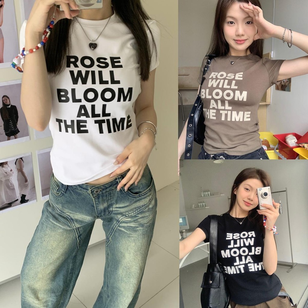 KOKO M-XXL เสื้อยืดผู้หญิง พิมพ์ลายตัวอักษร แขนสั้น คอกลม เสื้อครอป high street style ดูผอมใส่สบาย