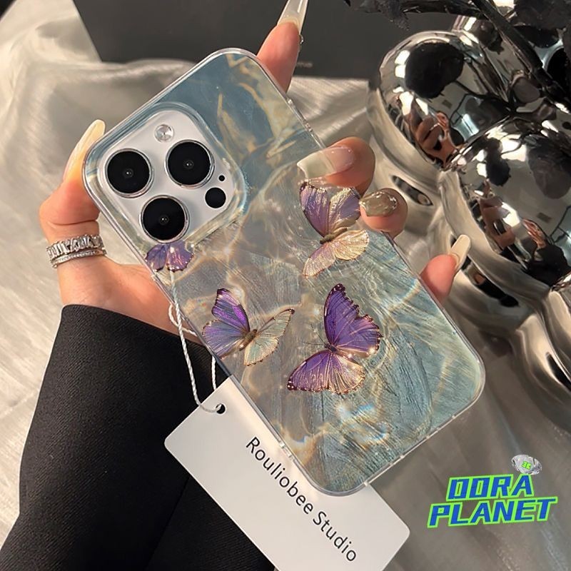 Watercolor สีม่วง Butterflies เคสโทรศัพท์สําหรับ IPhone 15 11 XSMAX XR X 15PLUS 13MINI 14 SE2020 7+ 8+ 12PROMAX XS 11PRO 12MINI Anti-Drop Feather Silver Gradual กรณี