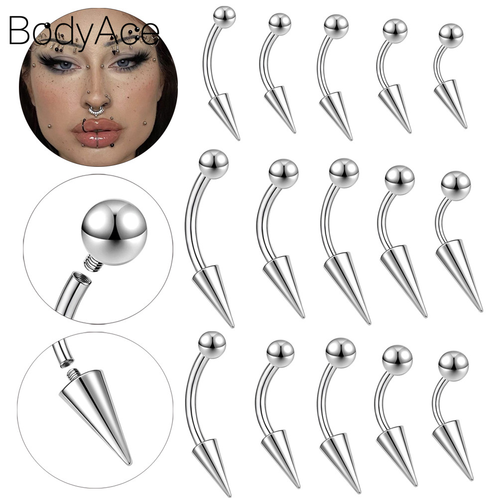 Bodyace 1 PC 16G/18G แหวนคิ้วสแตนเลสเจาะคิ้วเงิน Central Eyebrow Punk Body Piercing ด้ายภายใน Lip Stud