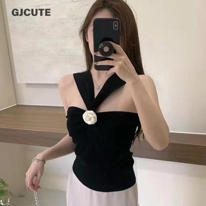 Gjcute ดอกไม้เกาหลีถัก Camisole ผู้หญิงเซ็กซี่ Halter Backless แขนกุด Slim Top WTD