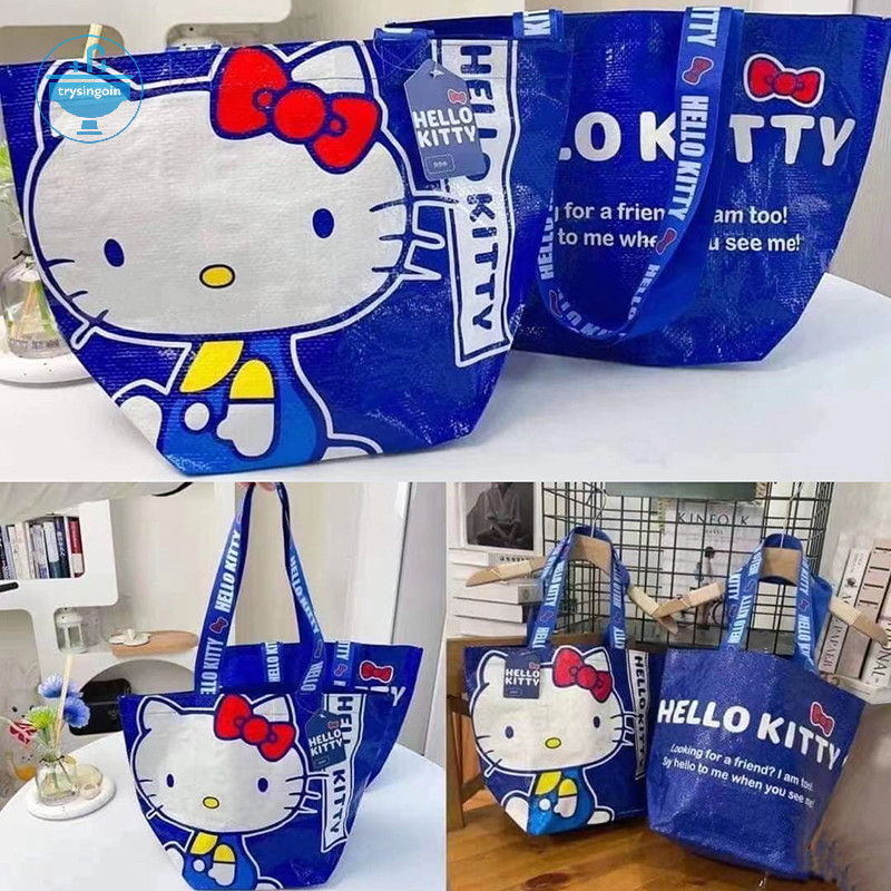 [trysingoin] Super Kawaii Blue Kittys พิมพ์ช้อปปิ้งกระเป๋าไนลอนเป็นมิตรกับสิ่งแวดล้อมกระเป๋าทอมือหนึ่งไหล่น่ารักและทนทานกระเป๋า TH