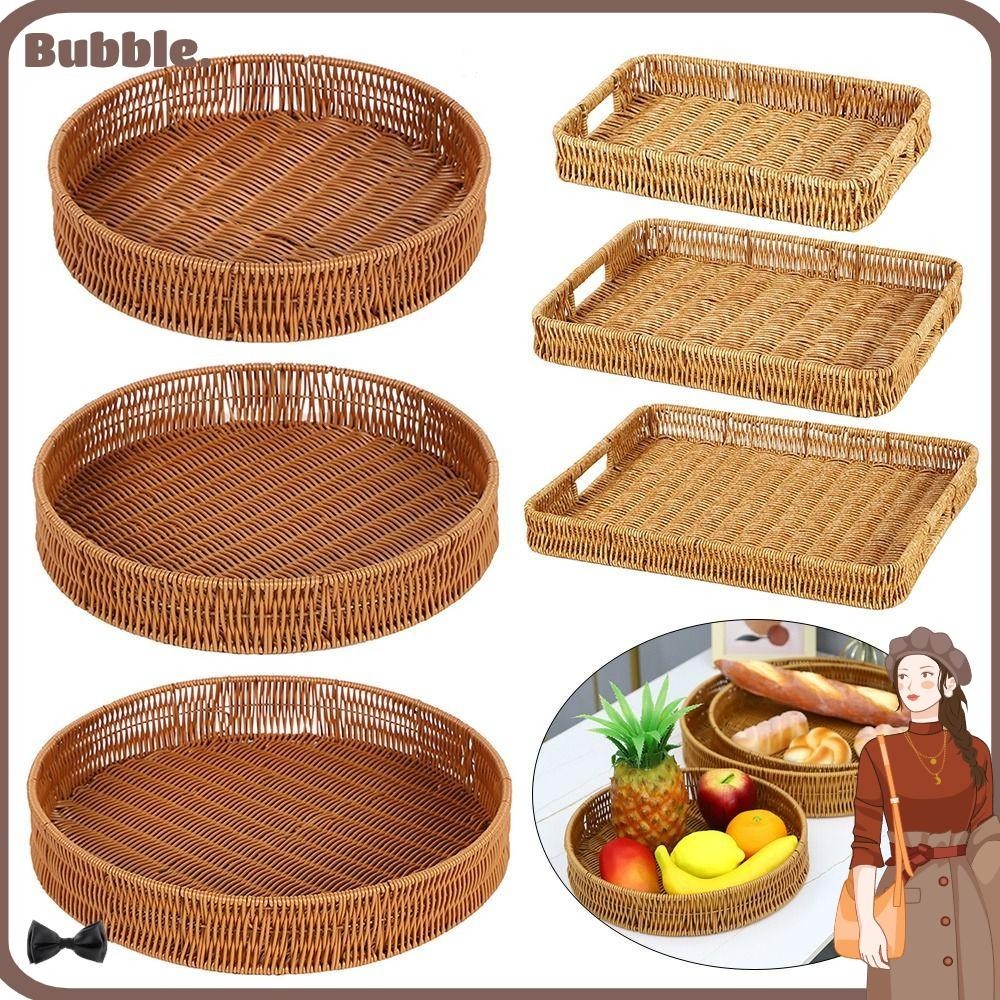 ฟอง 1ชิ้น ตะกร้าหวายทอมือ, เค้กผักผลไม้หวายเลียนแบบหวายหวายถาดเก็บ, รอบรูปสี่เหลี่ยมผืนผ้าจานอาหารพลาสติกด้ายหวายตะกร้า