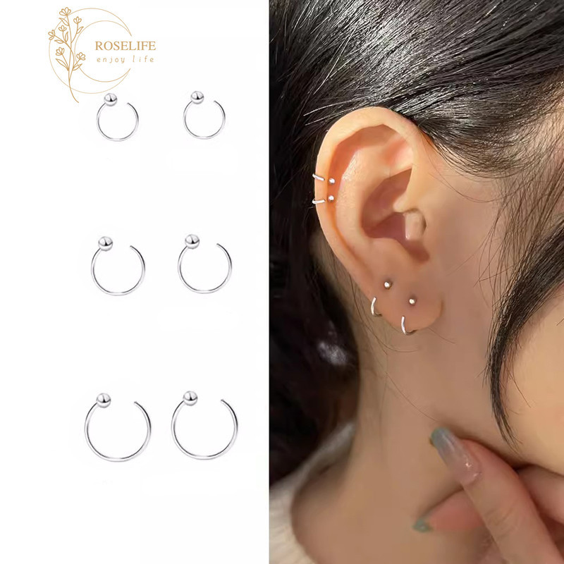 Roselife Minimalism S925 เงิน Mini Balls วงกลม Hoop ต่างหูสําหรับผู้หญิงหญิงทุกวันสวมใส่กระดูกอ่อน Pierced หูเครื่องประดับอุปกรณ์เสริม