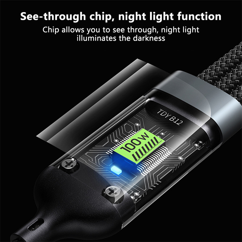 3 in 1 100W 6A Type C สายชาร์จเร็วสุด - 1.2 ม. พอร์ต Usb หลายตัวไนลอนถักสายเคเบิลข้อมูลสากล