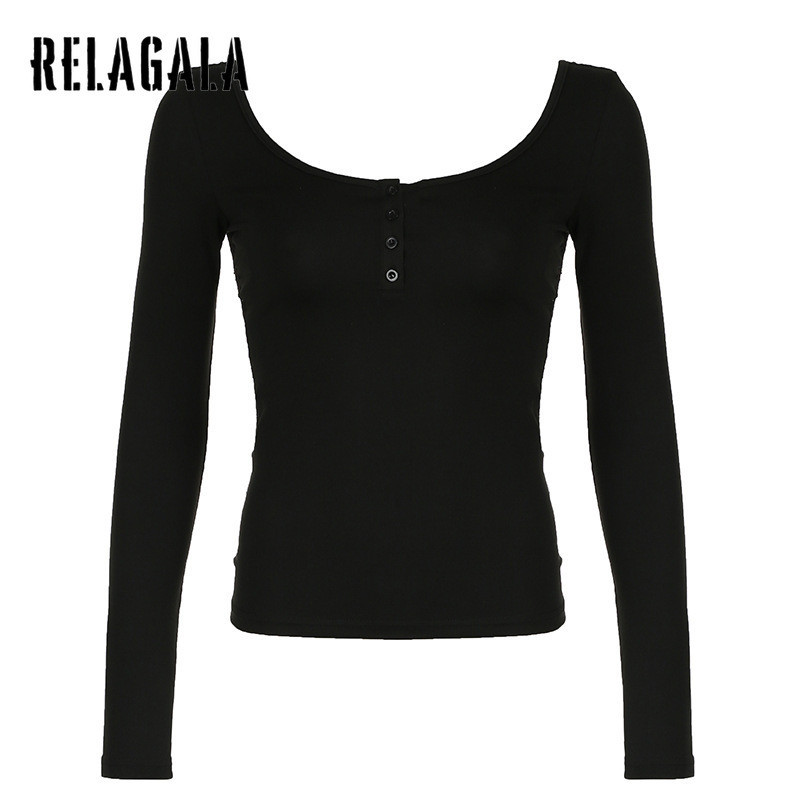 Relagala ผู้หญิง 2024 ใหม่แฟชั่นสีทึบลูกไม้เซ็กซี่ Backless Hollow เสื้อยืดแขนยาว