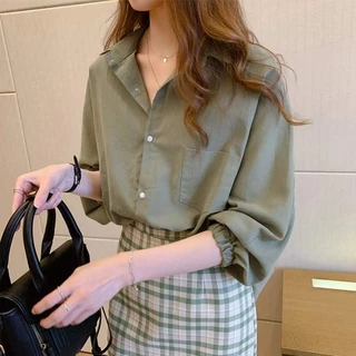 Dahong W284 ❤️เสื้อเชิ้ตวินเทจสีพื้น oversize แขนยาวสไตล์เกาหลี สีพื้น วินเทจ ใส่ได้ทุกโอกาส