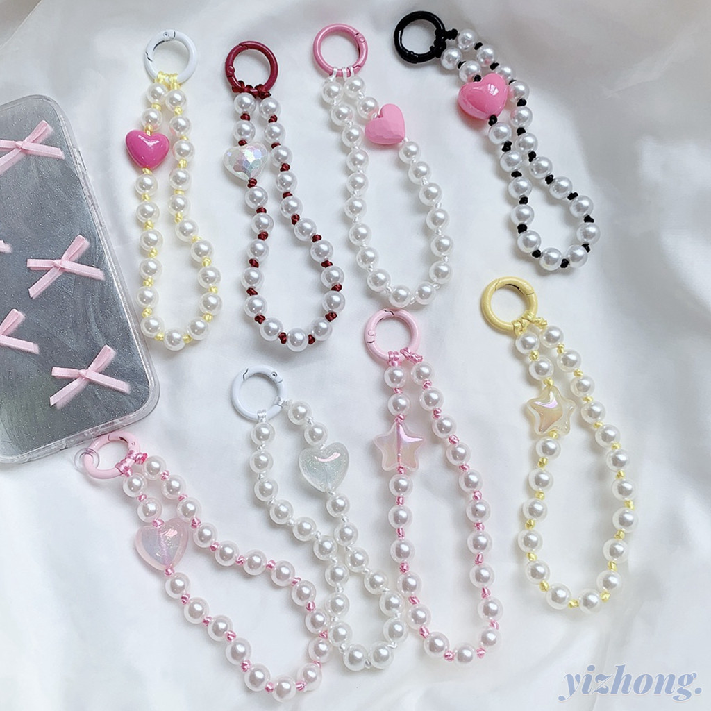 สายคล้องโทรศัพท์ ของผู้หญิง ไข่มุกสีหวานหัวใจรักดาวออกแบบป้องกันการสูญหายโซ่โทรศัพท์มือถือเชือกเส้นเล็กที่มีบัตรสําหรับหูฟังบลูทูธปกพวงกุญแจโซ่ผู้หญิงสาวกระ
