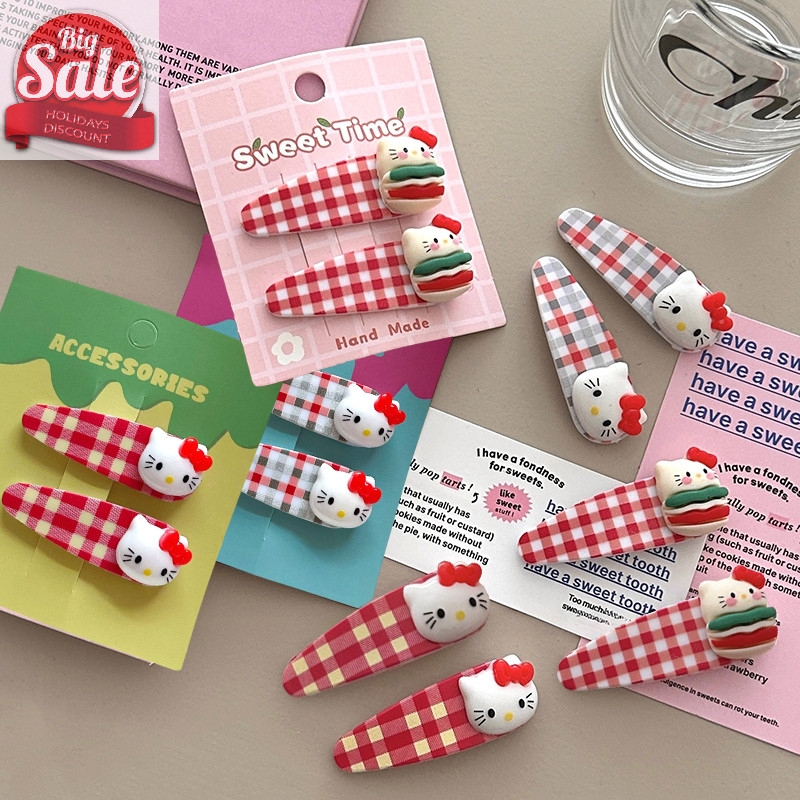 Af 2 ชิ้นน่ารัก Hello Kitty Checkered Hairpin น่ารักการ์ตูน KT กิ๊บติดผมหวาน Girly BB คลิปด้านข้าง Bang คลิปสาวอุปกรณ์เสริมผม A