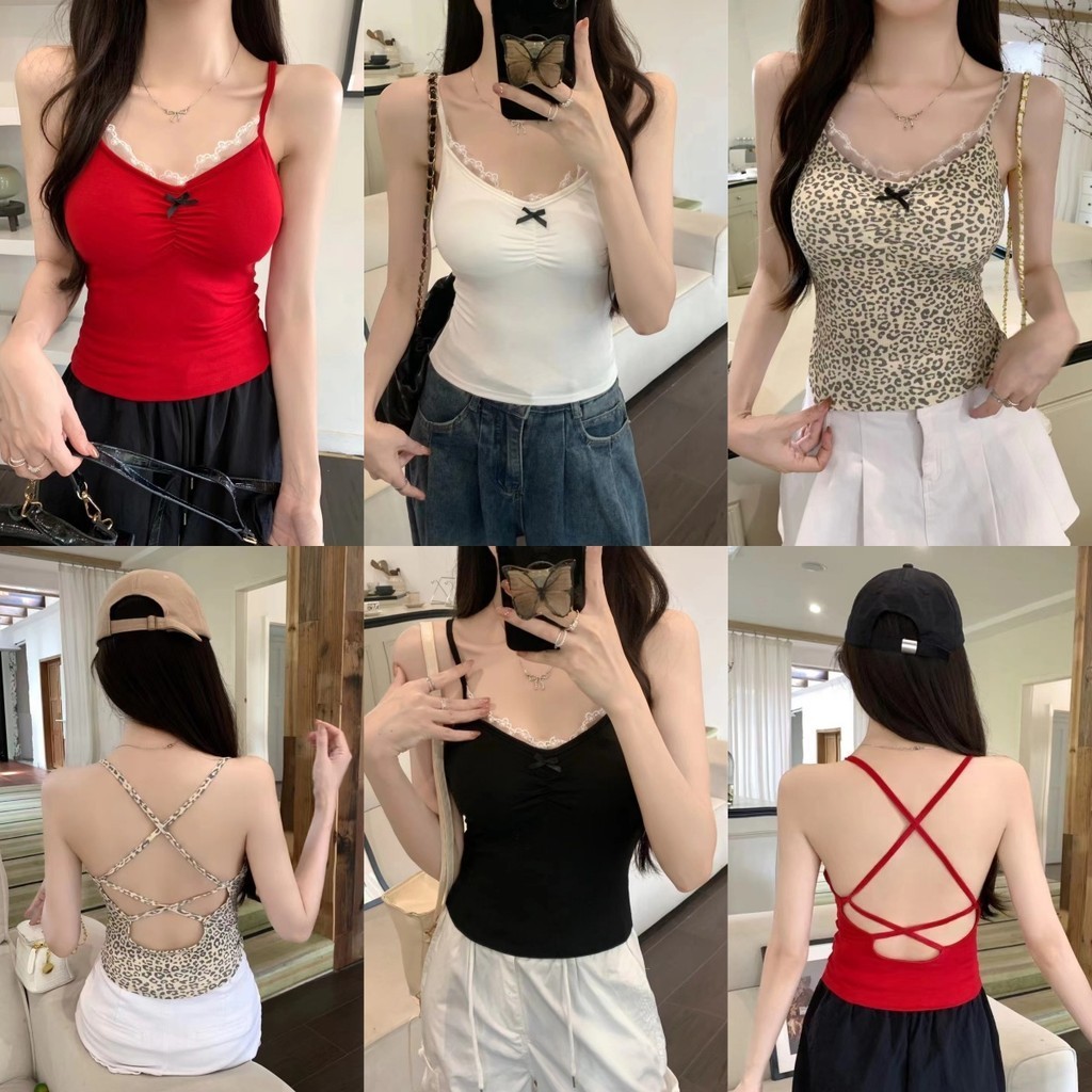 Anne เสื้อกล้าม พิมพ์เสือดาว มีฟองน้ำ ข้ามกลับ โชว์หลัง แต่งลูกไม้ เสื้อไปทะเล สุดเซ็กซี่ แฟชั่น #FY727-P