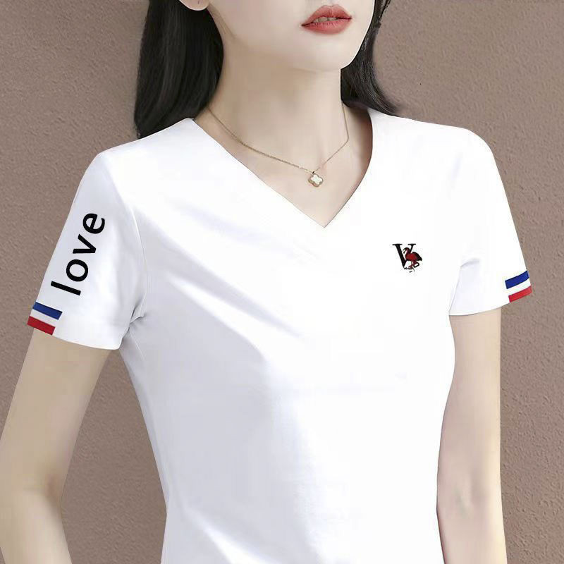 【#966] เสื้อยืดแขนสั้นผู้หญิงของแท้ไหล่คอวีเย็บครึ่งแขนทุกการแข่งขันเสื้อยืด