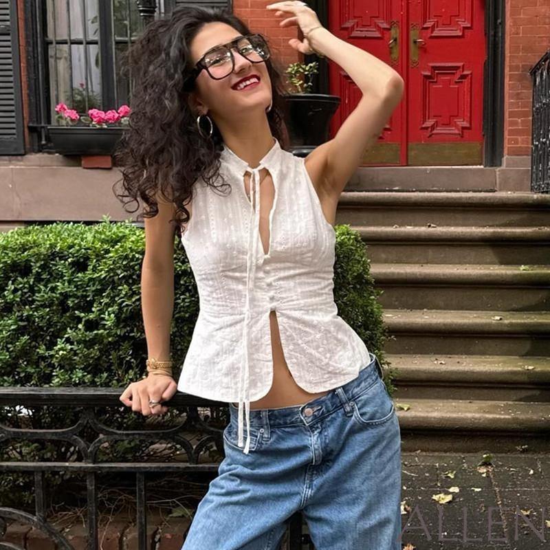 Allen-ชุดนอนสตรีฤดูร้อนtie Upเสื้อกั๊กแขนกุดMockคอด้านหน้าCutoutเย็บปักถักร้อยเสื้อกล้าม