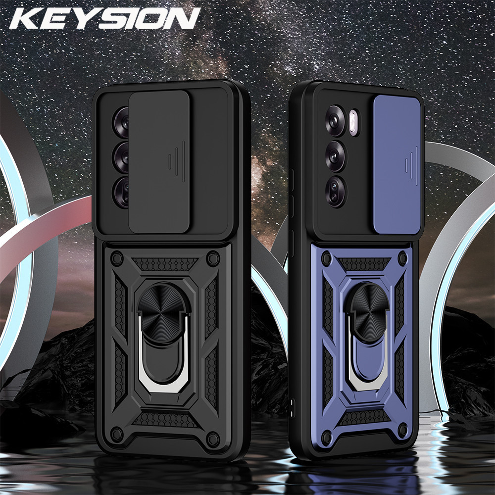 Keysion เคสกันกระแทกสําหรับ OPPO Reno12 Pro 5G สไลด์ Push ดึงเลนส์กล้องแหวนป้องกันขาตั้งฝาครอบโทรศัพท์สําหรับ OPPO Reno 12 5G