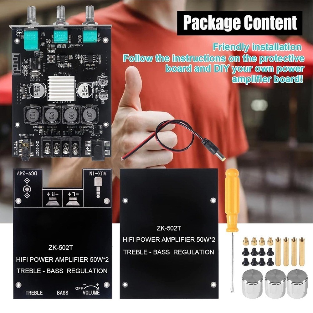 ZK-502T 50W + 50W สเตอริโอเครื่องขยายเสียง, treble และเบส DC 9-24V BT และอินพุต AUX สำหรับ DIY ลำโพงไร้สาย ADM