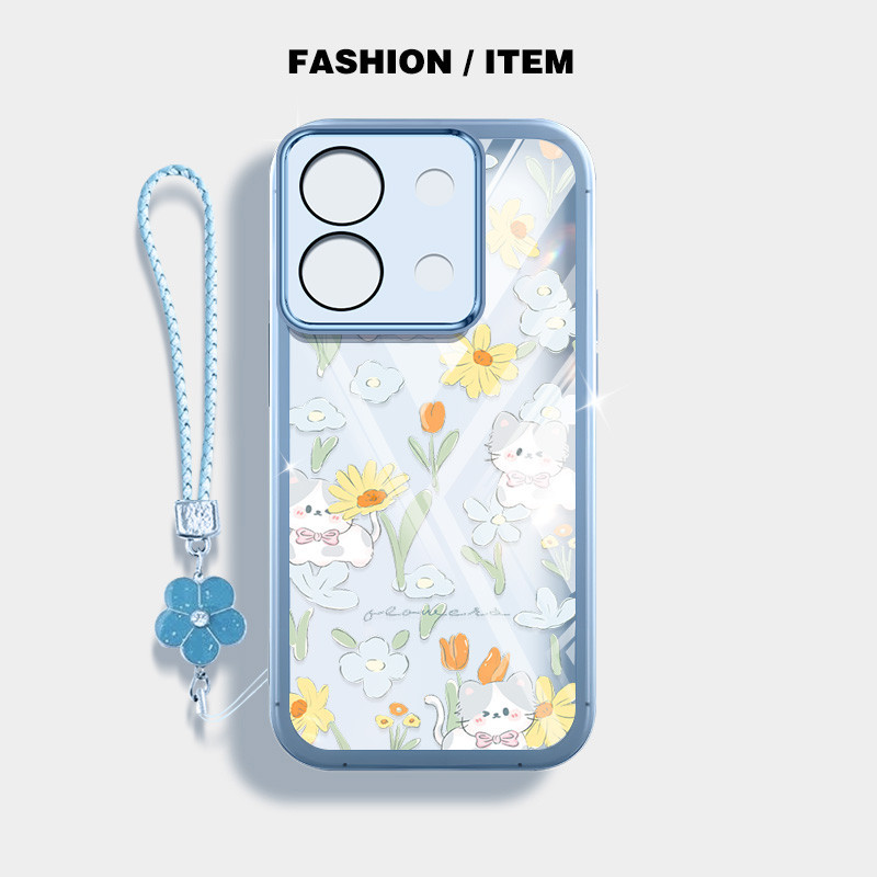 น่ารักดอกไม้และแมวกันกระแทกเคสโทรศัพท์ Xiaomi Redmi Note 13 Pro 4G 5G Note 13 Pro Plus Note 13R Pro 5G Poco M6 Pro 4G X6 Pro 5G X6 Neo ปลอกโปร่งใสพร้อมเชือกแขวนดอกไม้