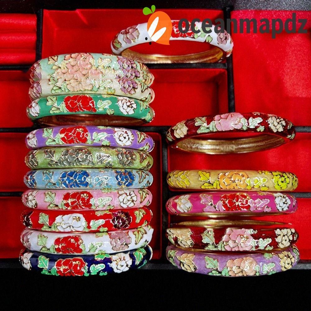 มหาสมุทรมาพดซ สร้อยข้อมือจีน Cloisonne กําไลคู่ ดอกโบตั๋นโบราณ กําไลดอกไม้, ฮาวายวินเทจเคลือบชาติพันธุ์สร้อยข้อมือมือผู้หญิงของขวัญเครื่อ