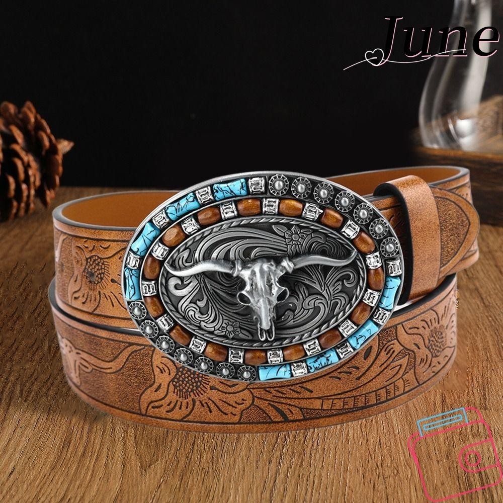 June Mens Western Cowboy Belt, Vintage Bull Pattern Buckle Belt, Retro Wide PU Leather Waist Belt Me