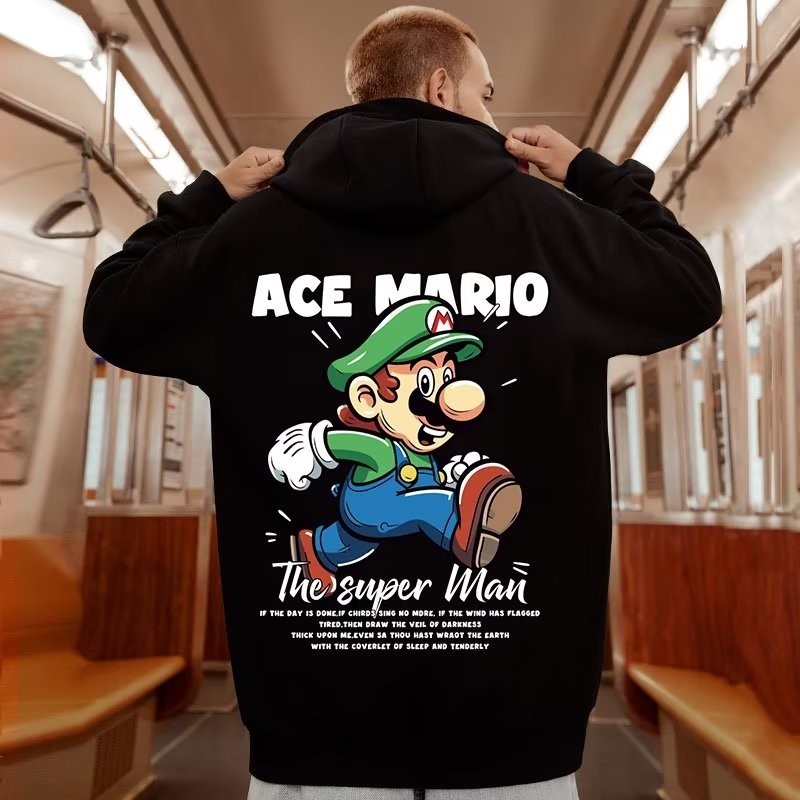 M-8XL Hoodiesmen เสื้อกันหนาวขนาดใหญ่ Hoodie แฟชั่นหลวมสไตล์อเมริกันอินเทรนด์เกม Super Mario พิมพ์แขนยาวคู่เสื้อผ้า