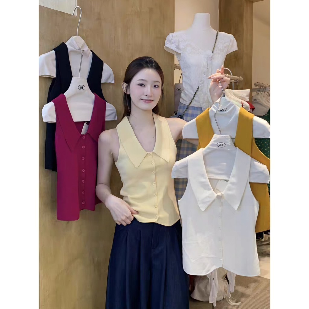 Elves พร้อมส่ง เสื้อกล้ามไหมพรม คอปก กระดุมด้านหน้า น่ารักสุดๆ ทรงรัดรูป '31076'"