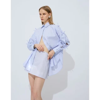 NICHp.CO : Exclusive Collection : Sody Top เสื้อเชิ้ต ***เนื้อผ้าเชิ้ตcotton *** ตกแต่งด้วยโบว์ทั้งสองข้าง