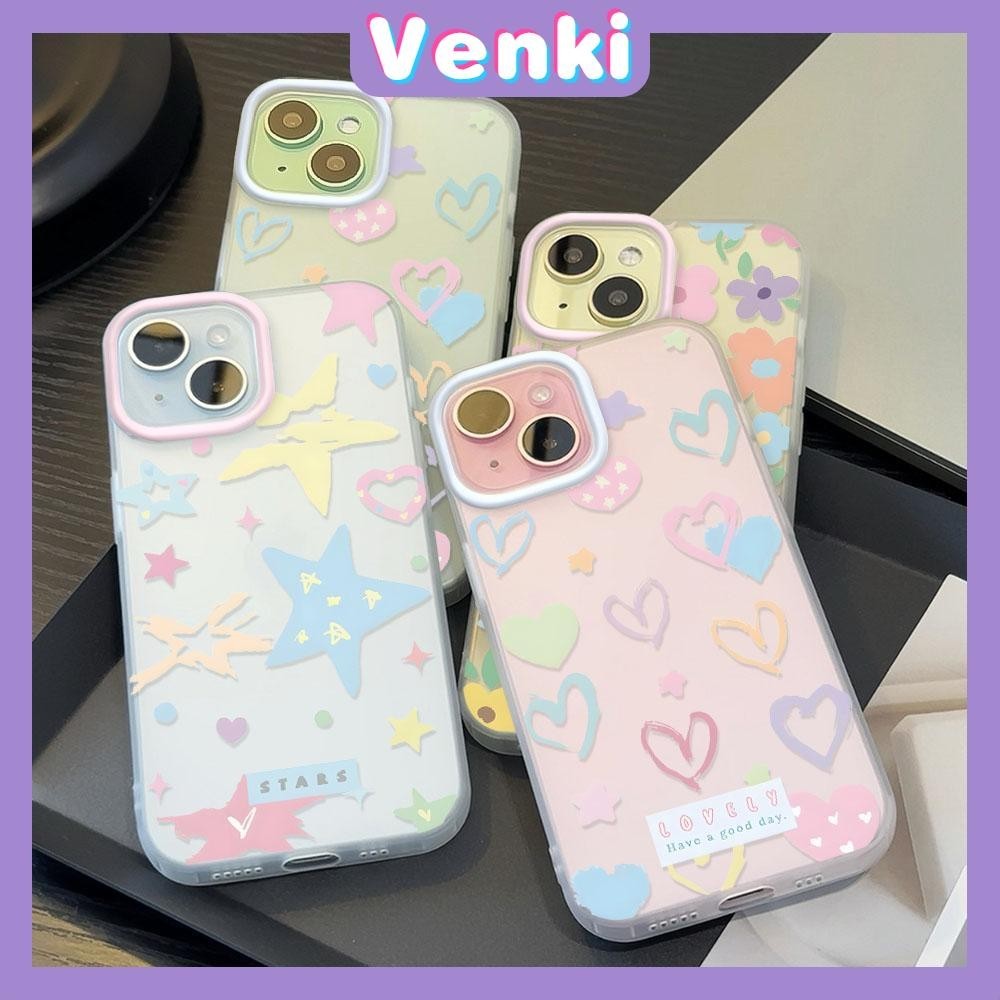 Venki - เคสใส iPhone15 11 Pro Max iPhone เคส TPU นิ่มป้องกันรอยนิ้วมือแบบด้าน ดาวหลากสีและหัวใจรักใหญ่ Compatible With iPhone14 13 12 Pro max XS XR 7 8 Plus