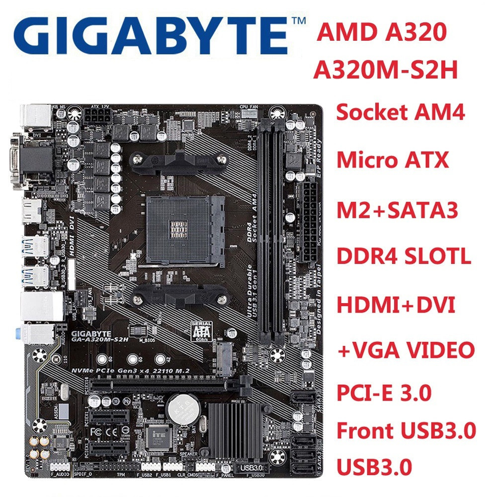 ใช้ Gigabyte GA-A320M-S2H เมนบอร์ด Micro ATX AMD A320 DDR4 M.2 USB3.1 STAT3.0 ซ็อกเก็ต AM4 GA A320M 