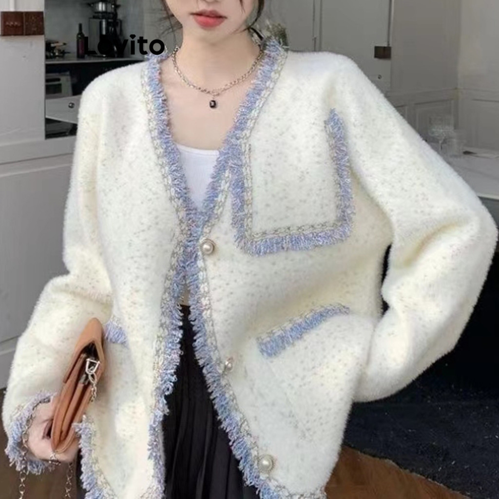 Lovito เสื้อแจ็คเก็ตด้านหน้าปุ่มธรรมดาสำหรับผู้หญิง LNA72752